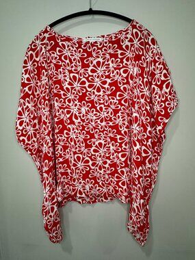 Diane von Furstenberg DVF Silk Boxy Poncho Top Red White Abstract Floral Sz M
